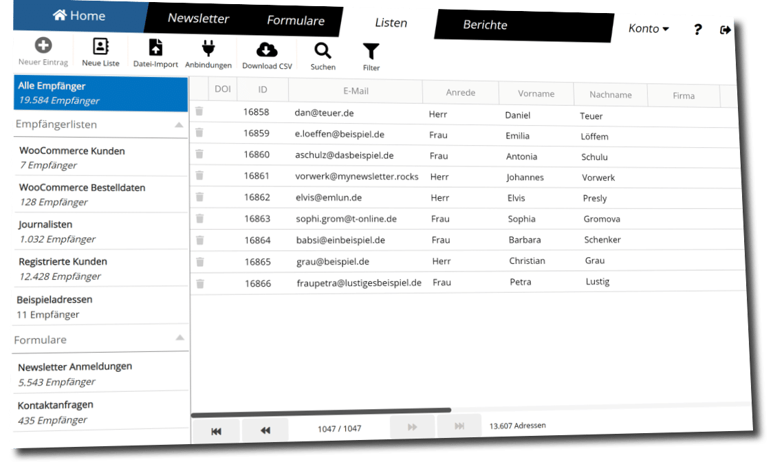 Adressverwaltung in mailfino mit Empfängerlisten und Kontaktdaten