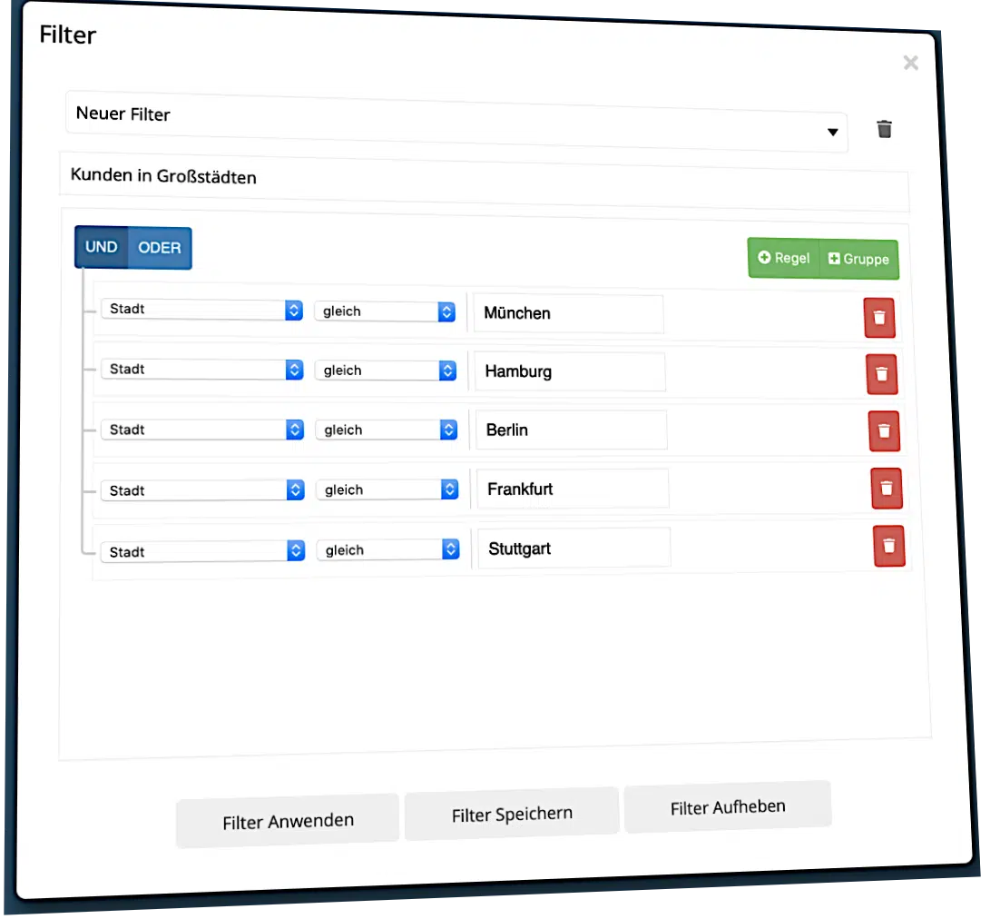 Filterdialog in mailfino mit mehreren Kriterien für Städte