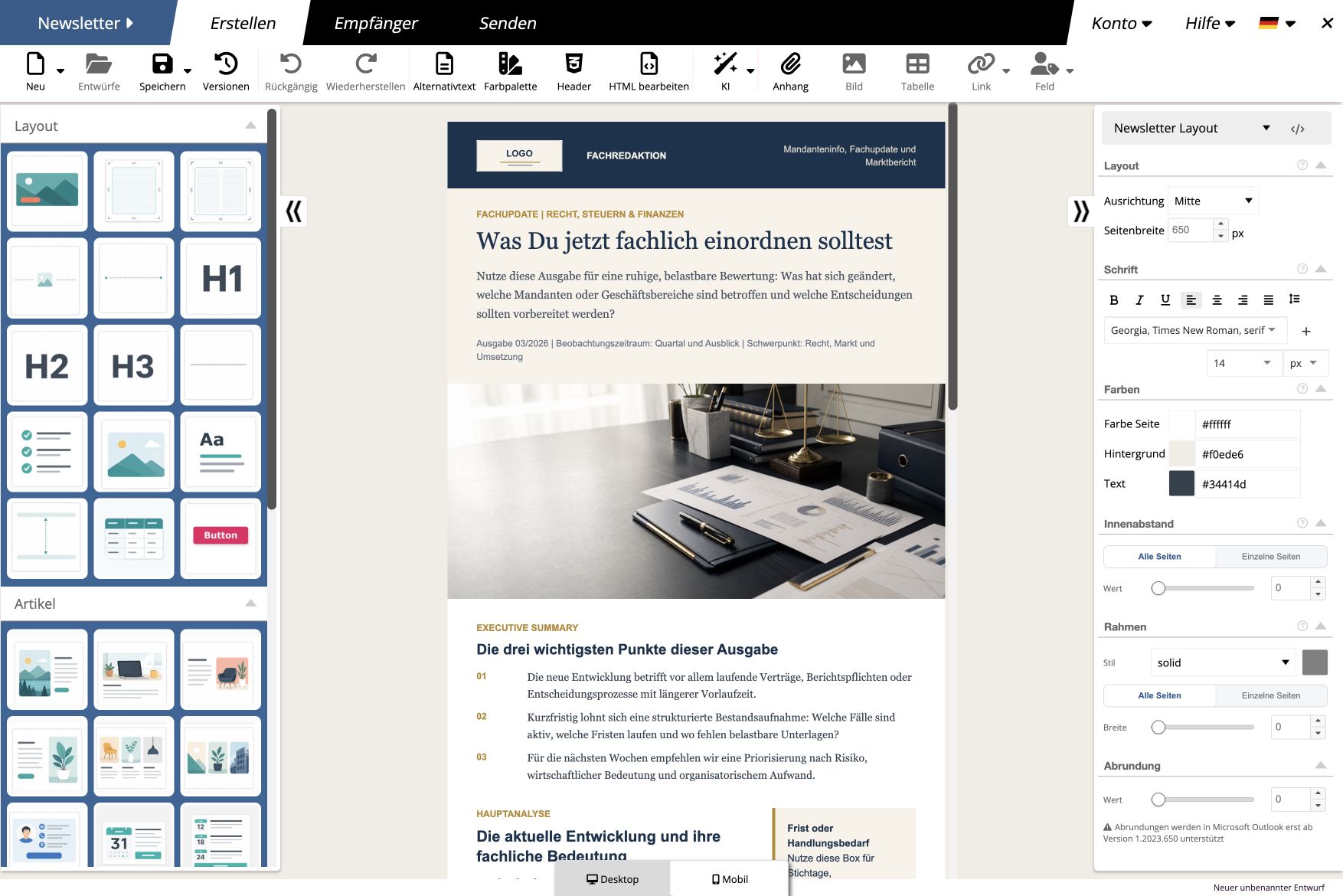 Newsletter im visuellen mailfino-Editor