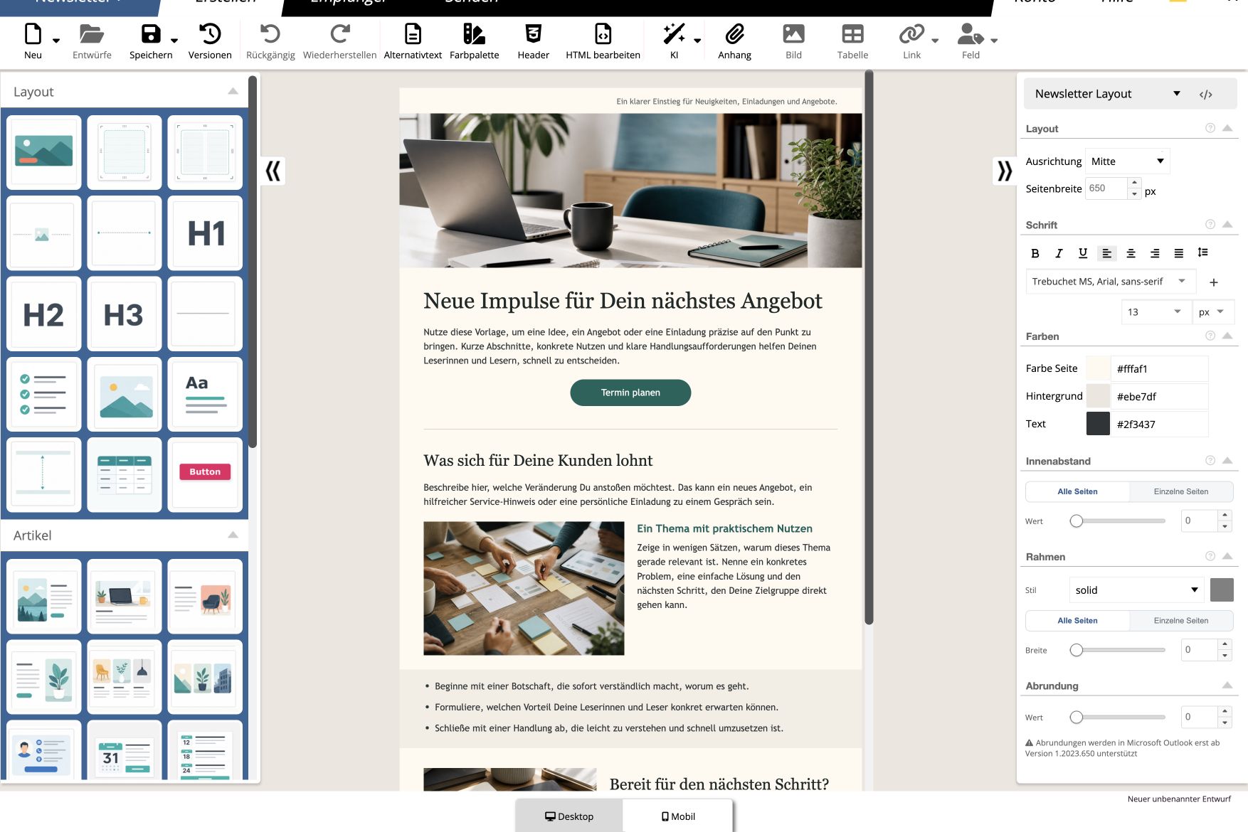 Aktuelle Oberfläche des mailfino Newsletter-Editors mit moderner Impuls-Vorlage, Inhaltsbereichen und Gestaltungsoptionen