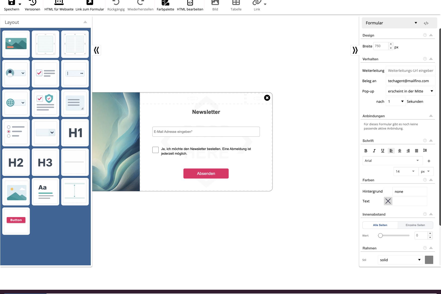Formular-Editor in mailfino mit Anmeldeformular und Gestaltungsoptionen