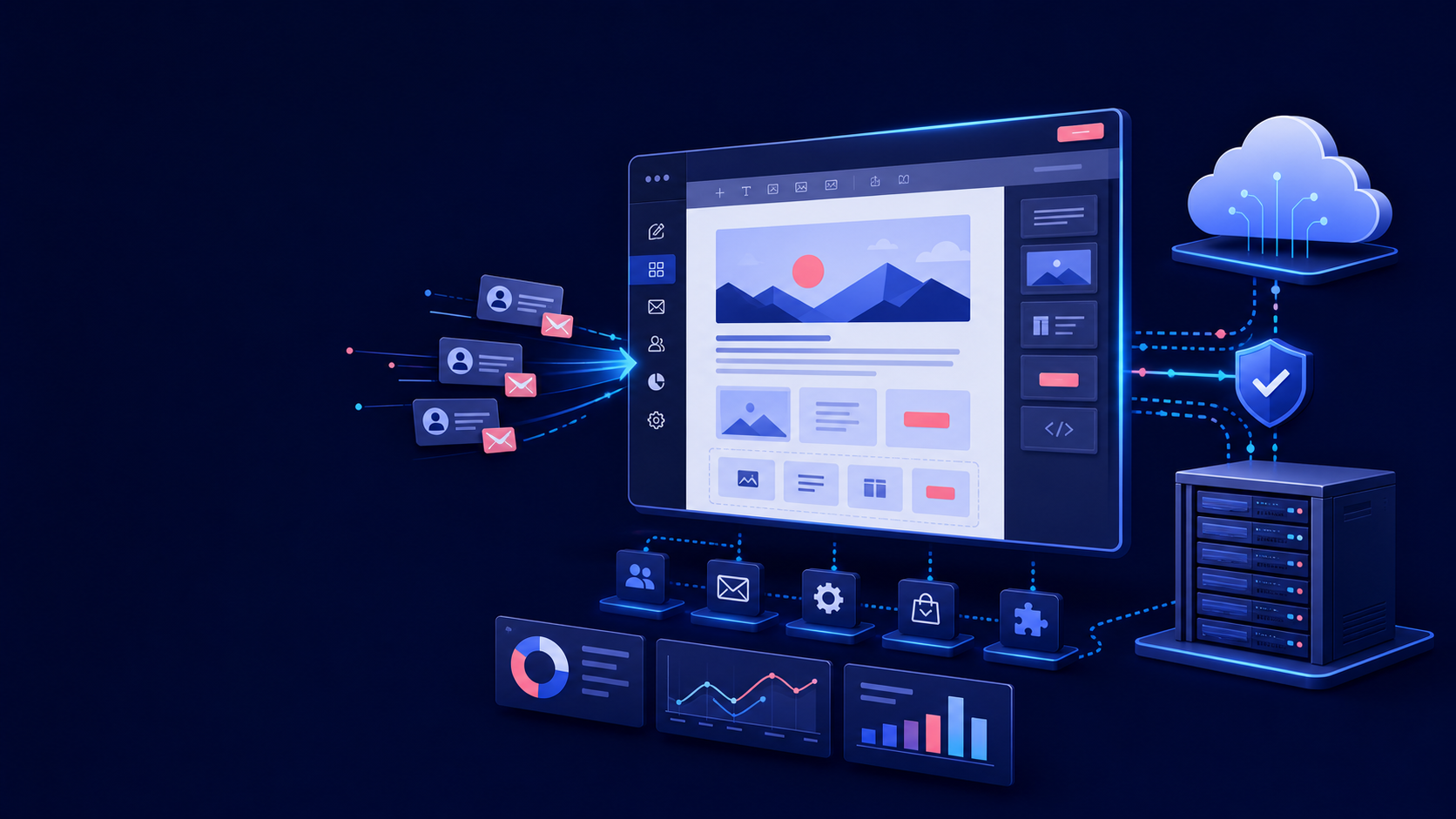 Illustration von mailfino Integrationen, API, Cloud und eigenem Server