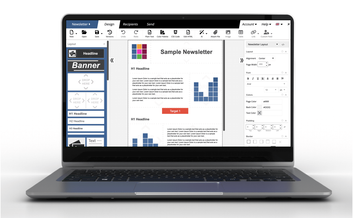 mailfino Newsletter-Editor auf einem Laptop