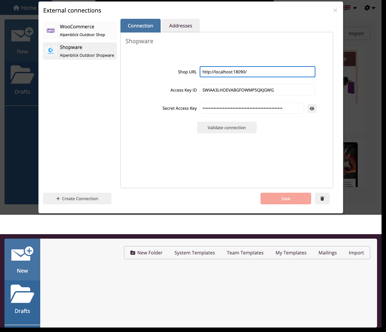 Shopware-Anbindung in mailfino mit Shop-URL, Access Key ID und Verbindungstest