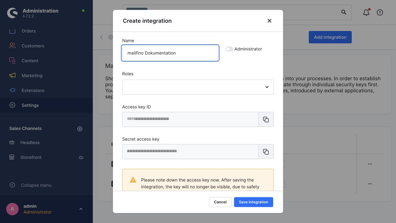 Shopware Dialog zum Anlegen einer API-Integration mit Access Key ID und Secret Access Key
