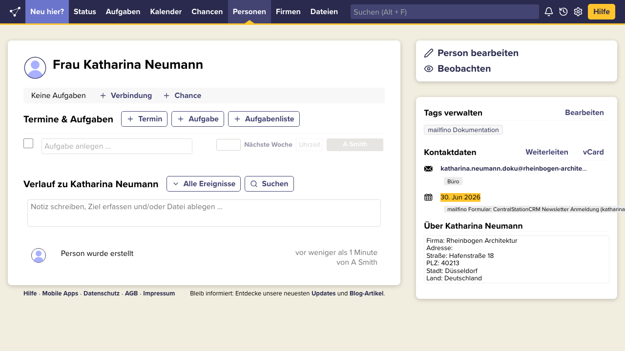 Versandereignis in der Historie einer CentralStationCRM-Person