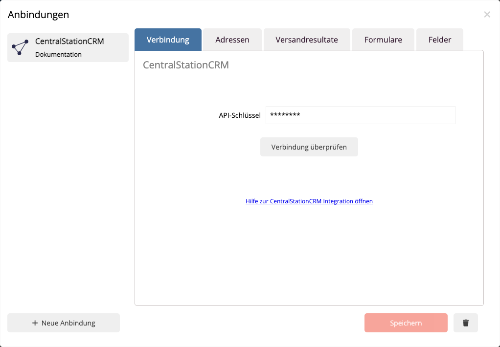 Geprüfte CentralStationCRM-Verbindung im mailfino-Anbindungsmanager