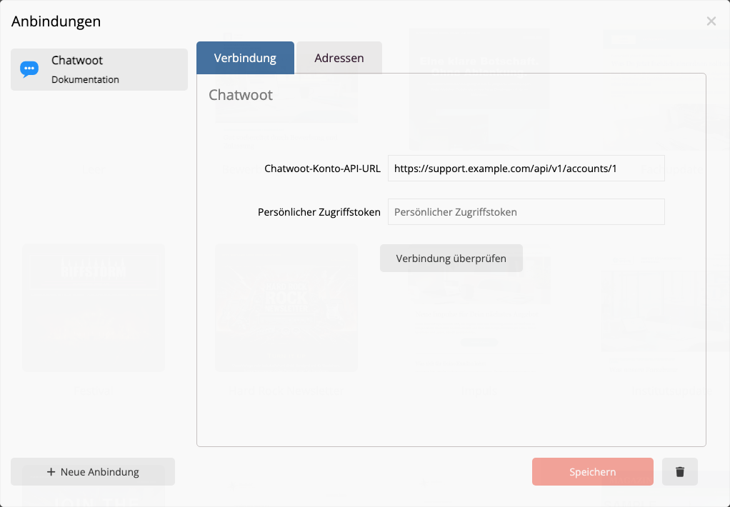 Chatwoot-Verbindung im mailfino-Anbindungsmanager