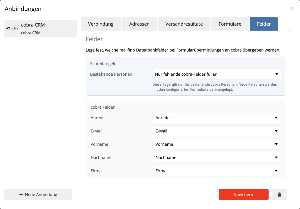 Zuordnung von mailfino-Datenfeldern zu cobra-CRM-Feldern