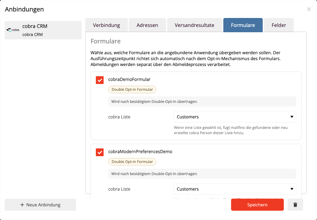 Formularzuordnung für cobra CRM im mailfino Anbindungsmanager