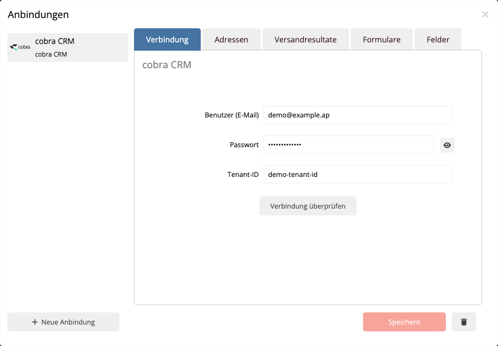 Gespeicherte cobra-CRM-Anbindung im mailfino Anbindungsmanager