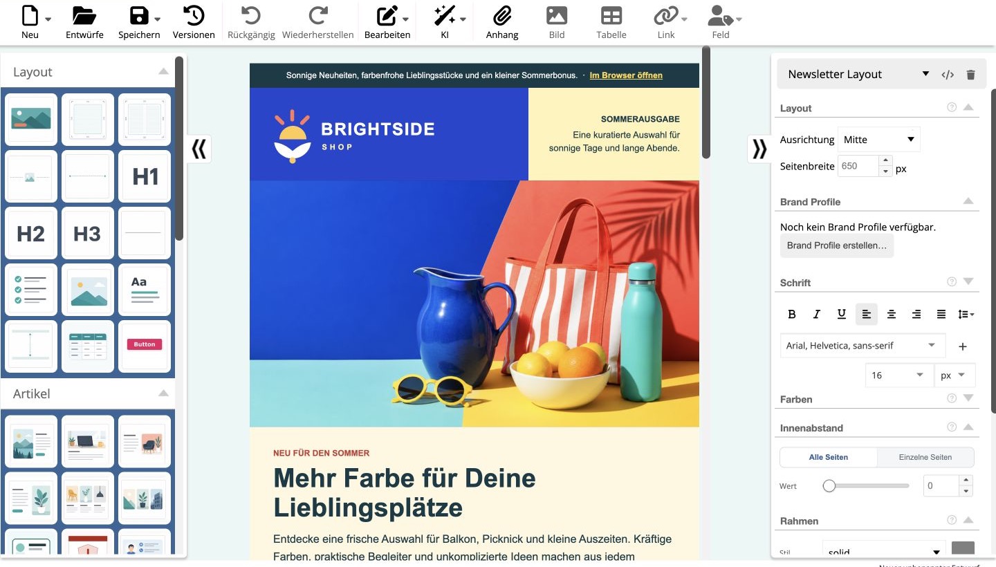 Farbenfroher Shop-Newsletter im visuellen mailfino Editor mit Elementauswahl und Gestaltungseinstellungen