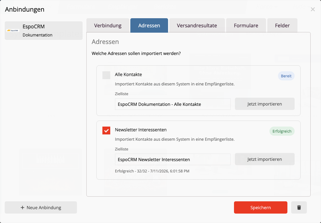 Alle EspoCRM-Kontakte und einzelne Target Lists als Importquellen in mailfino
