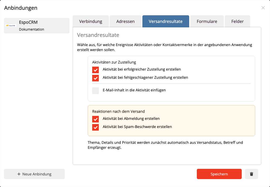 Versandereignisse für den Contact Stream in mailfino auswählen
