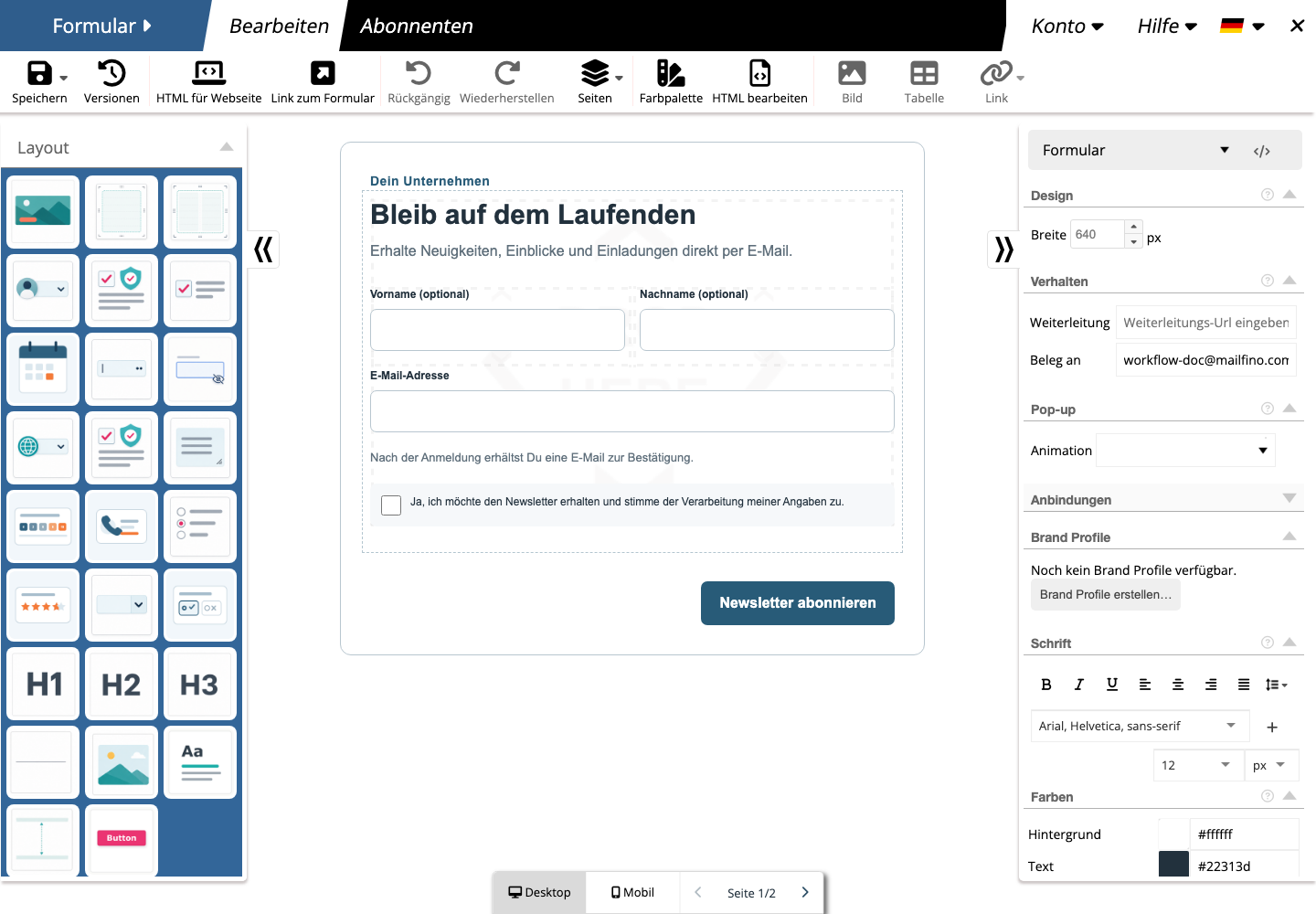 Formular im visuellen mailfino Editor mit Elementpalette, Arbeitsfläche und Eigenschaften
