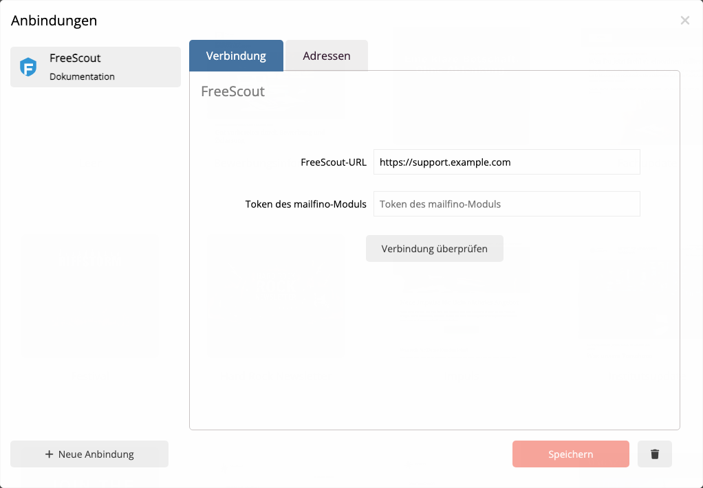 FreeScout-Verbindung mit Basisadresse und maskiertem Connector-Token im mailfino-Anbindungsmanager