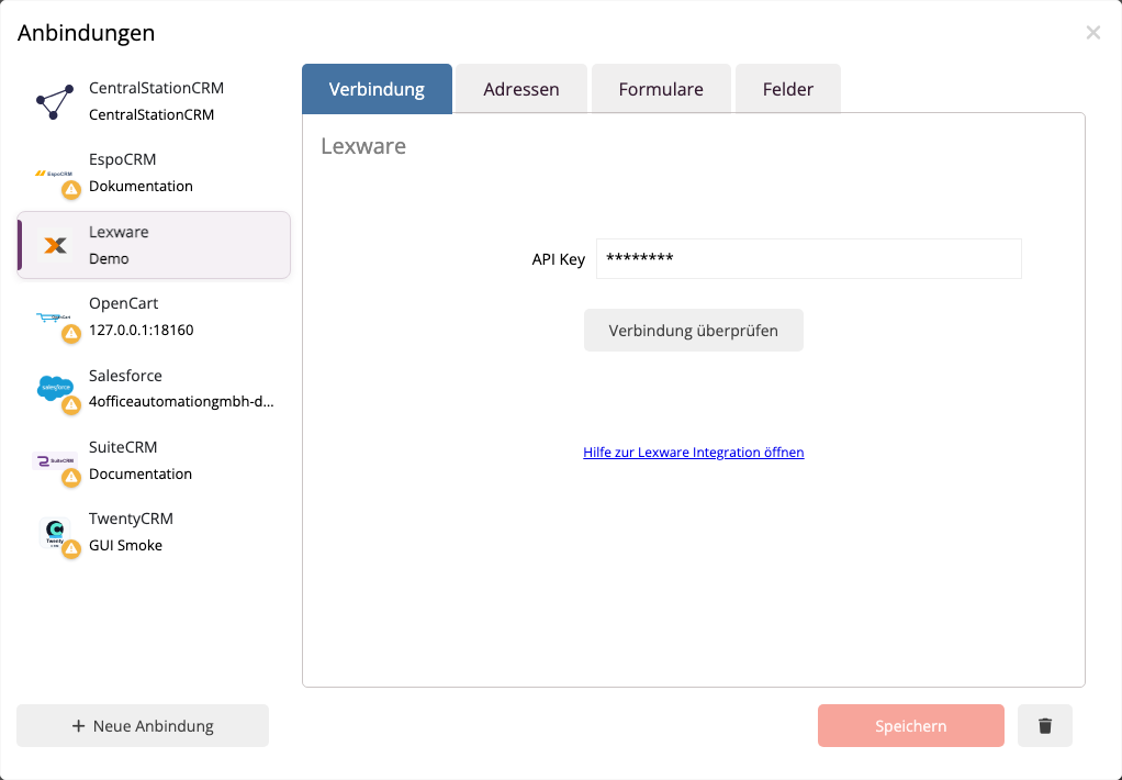 Gespeicherte Lexware-Office-Anbindung im mailfino-Anbindungsmanager