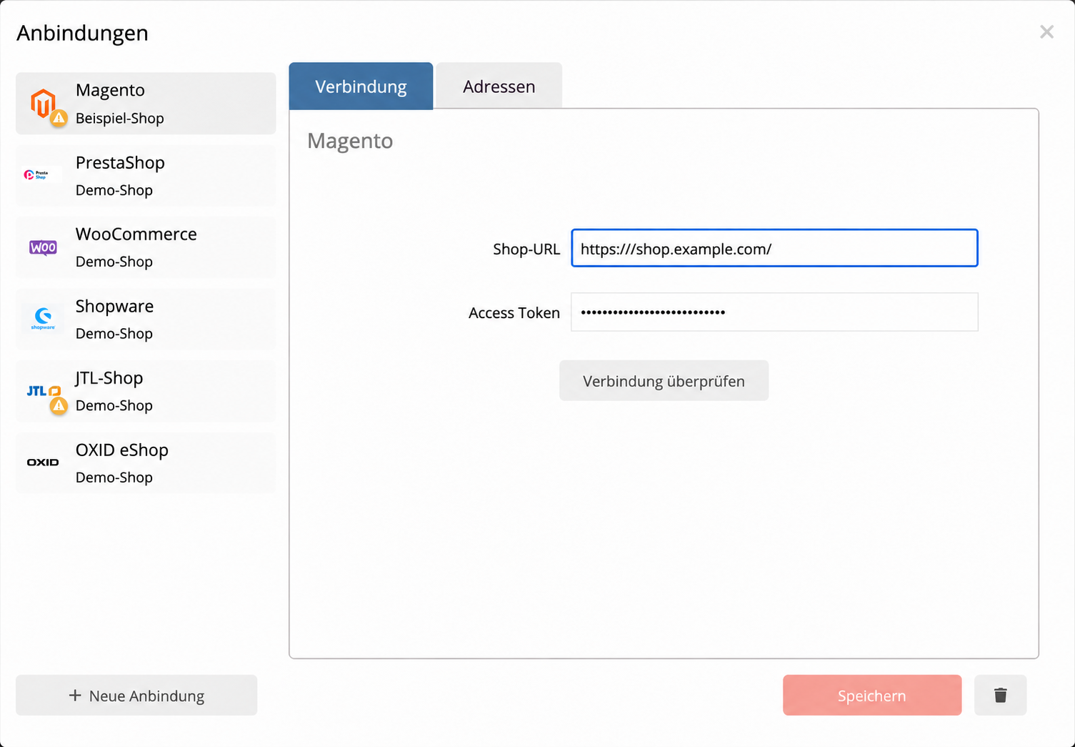 Geprüfte Magento-Verbindung im mailfino-Anbindungsmanager mit neutralen Beispieldaten