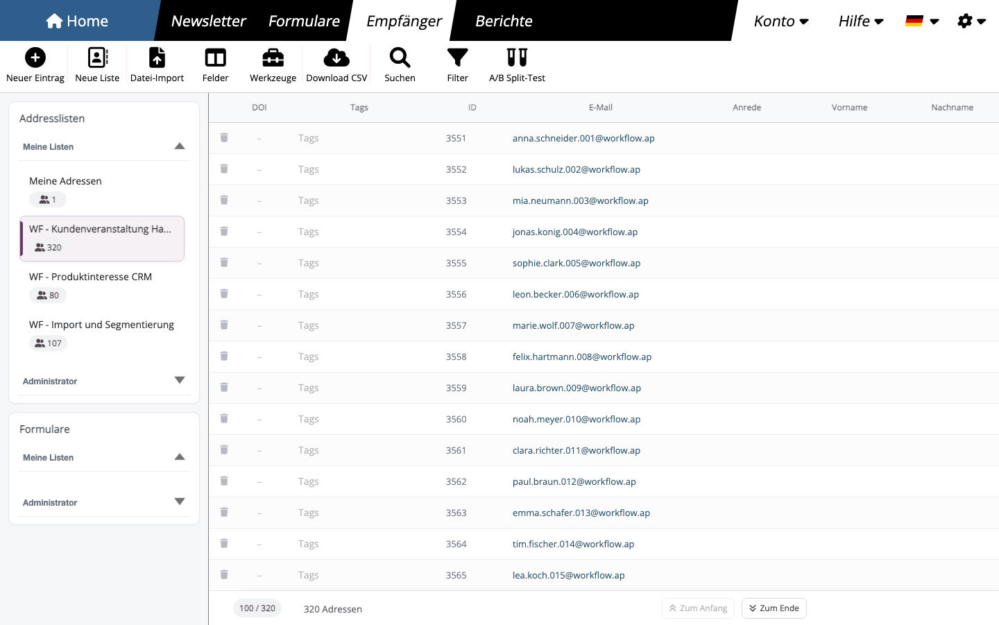 Adresslistenübersicht in mailfino mit Toolbar, mehreren Listen und synthetischen Kontaktdaten