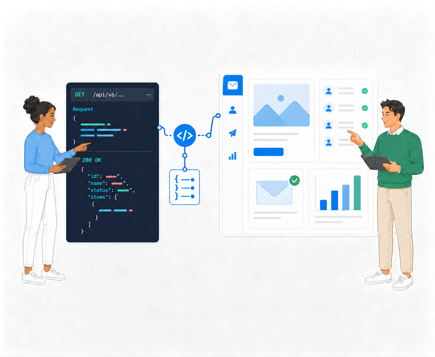 Illustration einer REST-API-Verbindung zwischen einem Code-Editor und mailfino