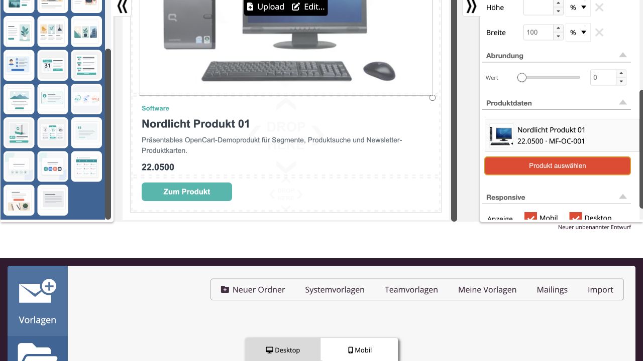 Ausgefüllte OpenCart-Produktkarte im Newsletter-Editor