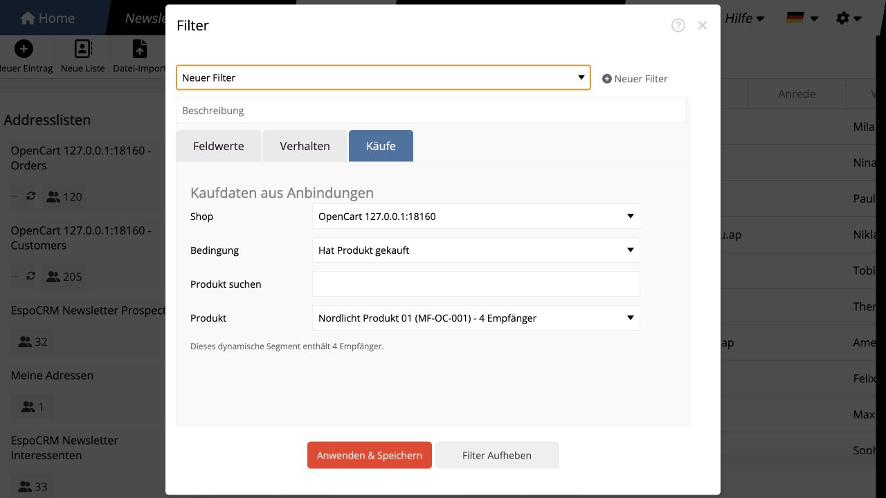 OpenCart-Kaufdaten als Filter für eine Newsletter-Zielgruppe