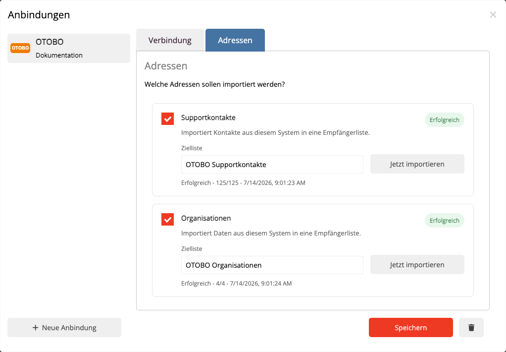 Erfolgreich ausgeführte OTOBO-Importe für Kontakte, Organisationen und Tickets in mailfino