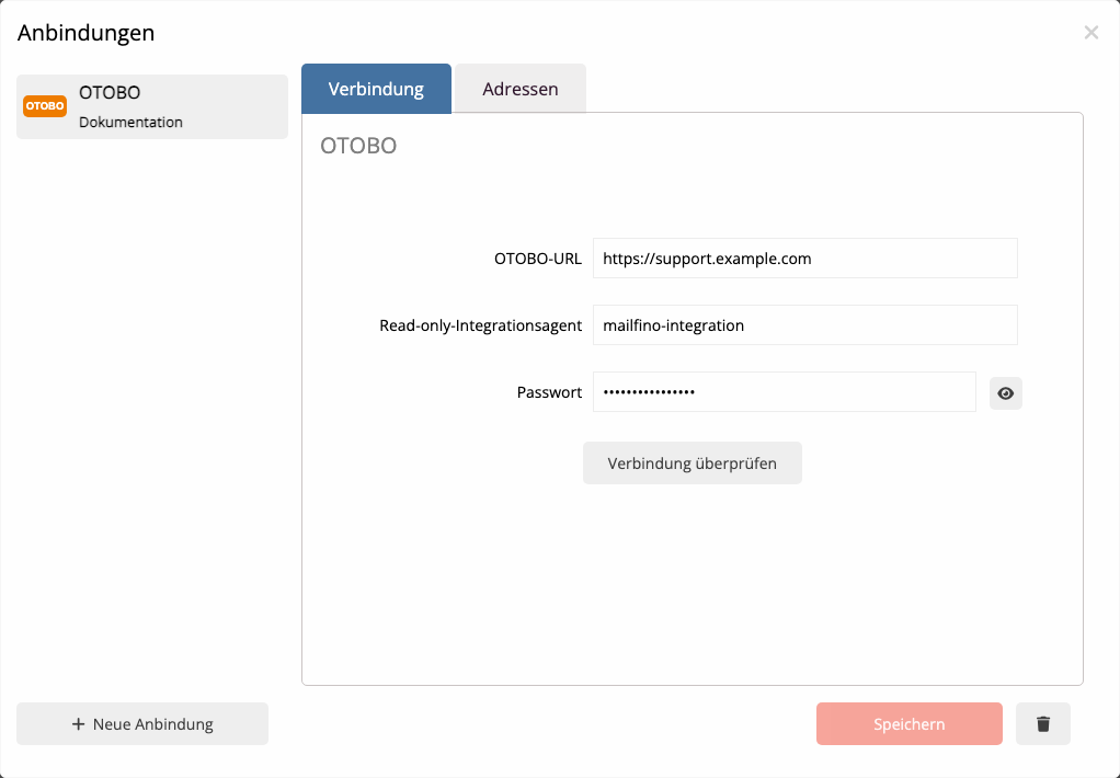 OTOBO-Verbindung mit Basisadresse und Integrationsagent im mailfino-Anbindungsmanager