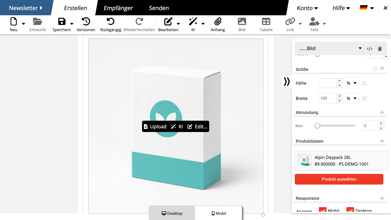 PrestaShop-Produktkarte im mailfino Newsletter-Editor
