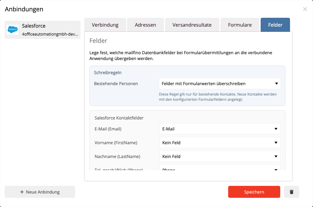 Salesforce Contact-Felder in der mailfino Feldzuordnung