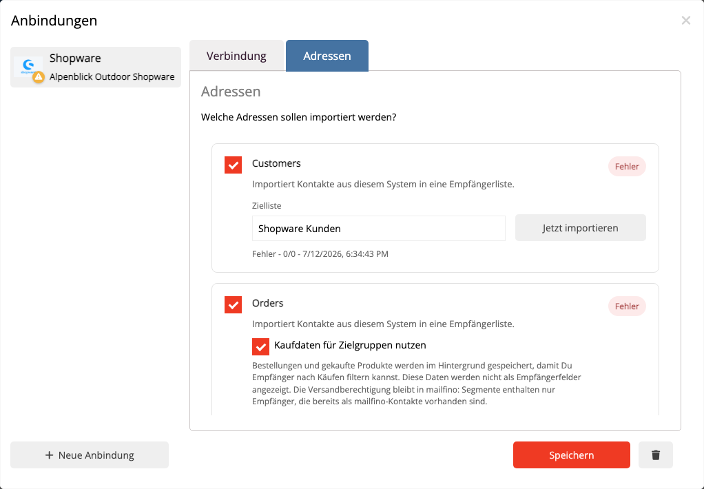 Shopware-Kunden und Kaufdaten in mailfino importieren