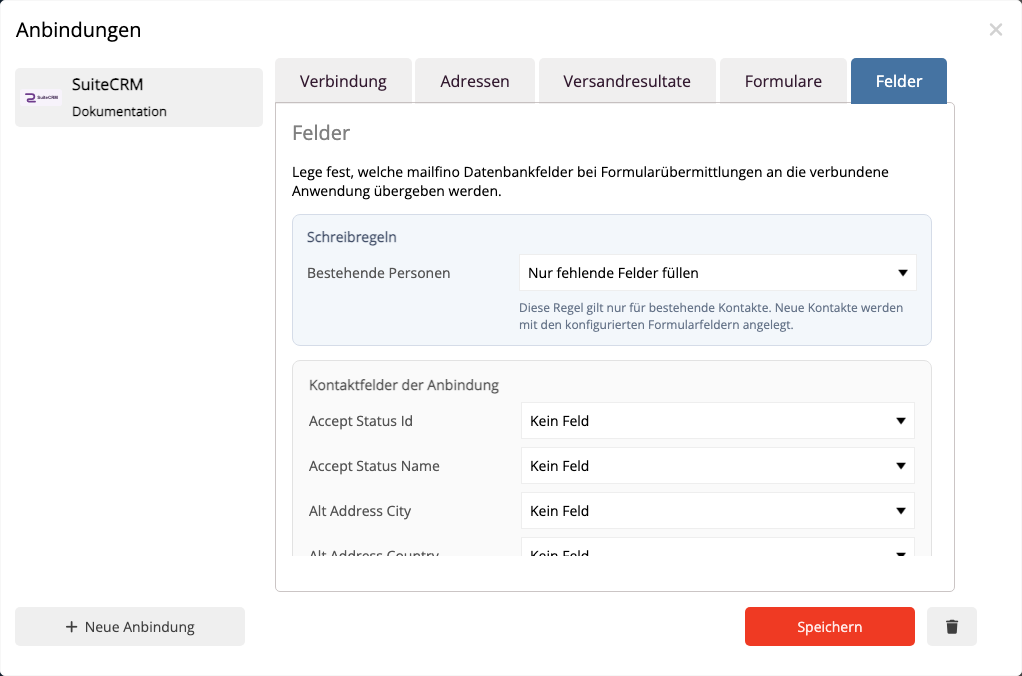 mailfino-Formularfelder beschreibbaren SuiteCRM Contact-Feldern zuordnen