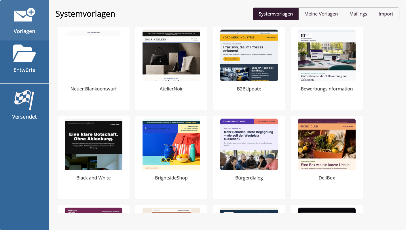 Vorlagenauswahl mit System-, Team- und eigenen Vorlagen sowie früheren Mailings