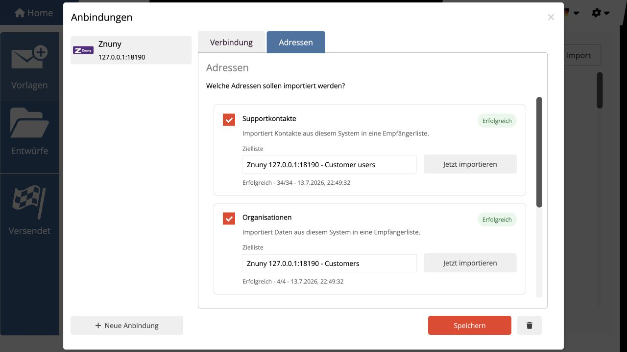 Erfolgreicher Import von Znuny-Supportkontakten, Organisationen und Ticket-Snapshots in mailfino
