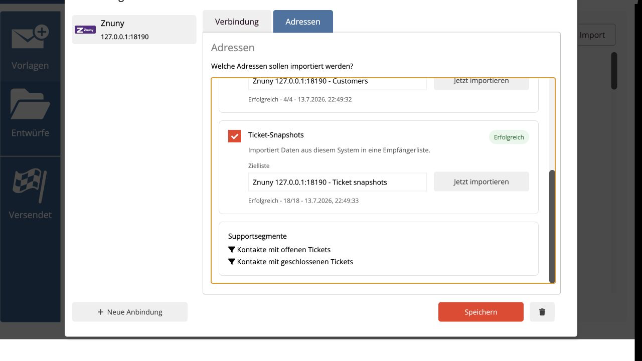 Ticket-Snapshots und daraus bereitgestellte Supportsegmente der Znuny-Anbindung