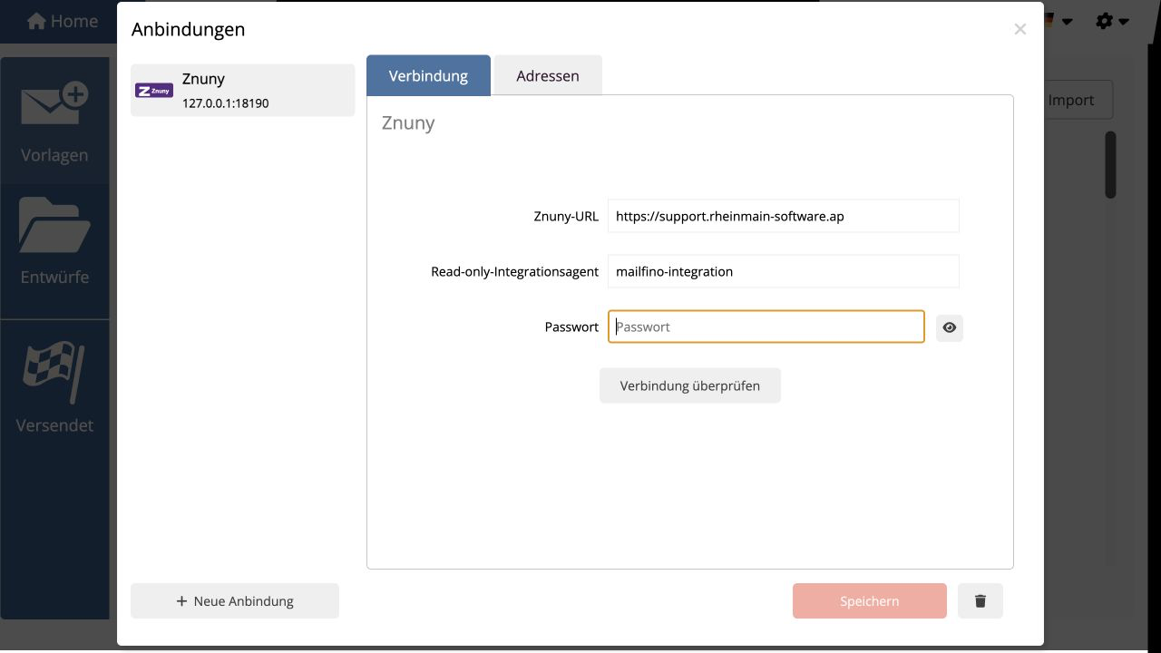 Znuny-Adresse und Read-only-Integrationsagent in der mailfino Verbindungskonfiguration
