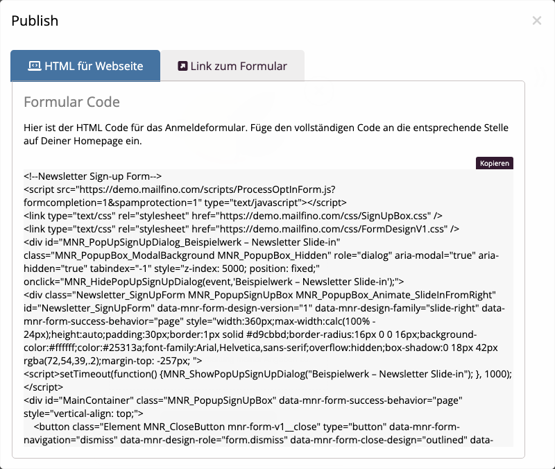 Dialog zum Einbetten eines mailfino Formulars in eine Website