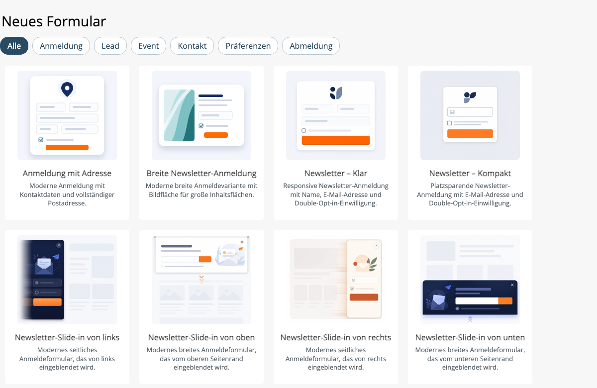 Vorlagenübersicht für Anmeldungen, Leads, Events, Kontakte und Präferenzen