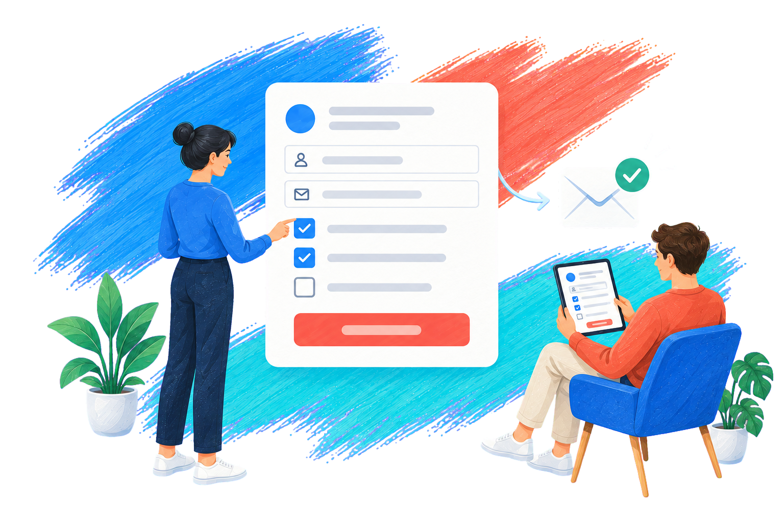 Illustration des mailfino Formular-Editors und des Double-Opt-in-Prozesses