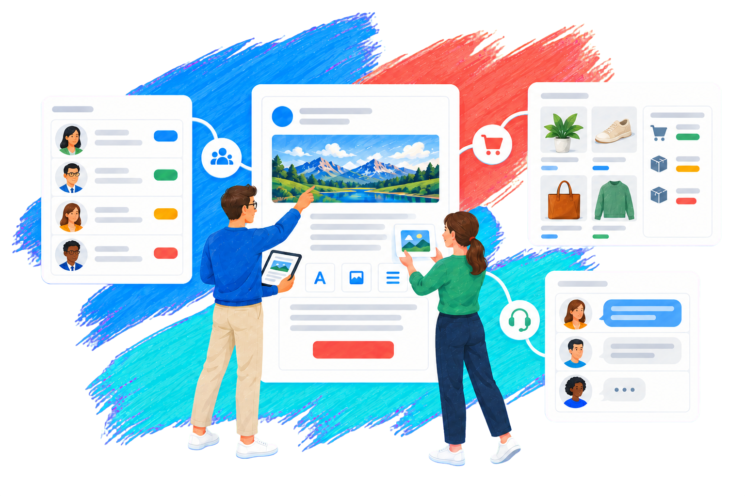 Künstlerische Illustration vernetzter CRM-, Shop- und Support-Daten rund um einen Newsletter