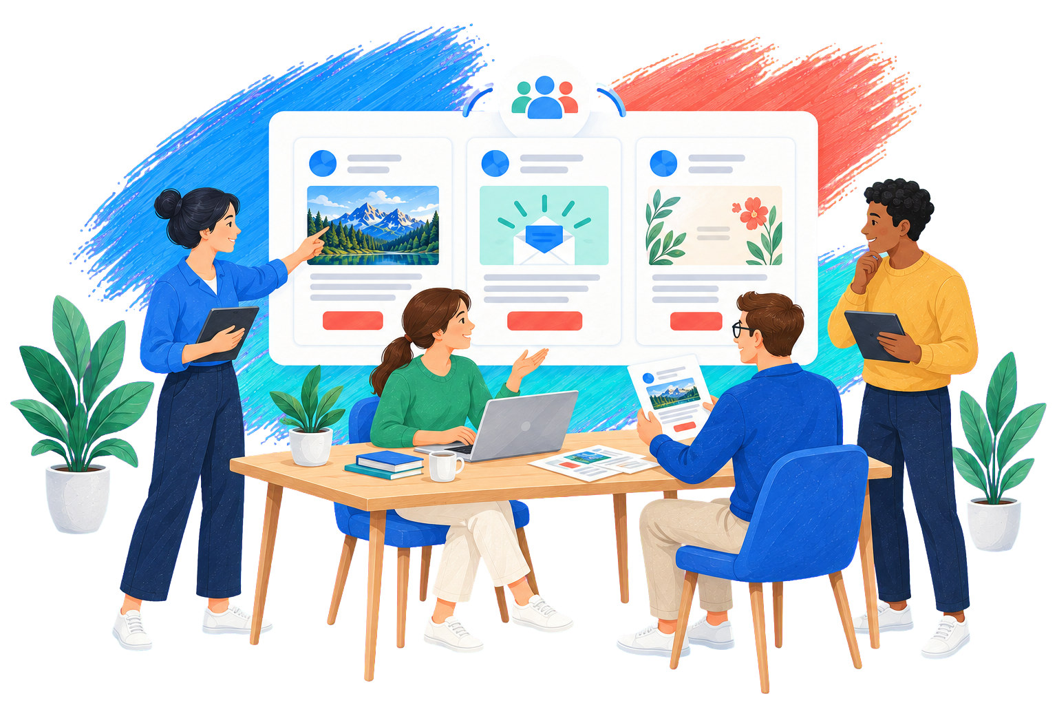 Vier Teammitglieder besprechen gemeinsam einen Newsletter am Monitor