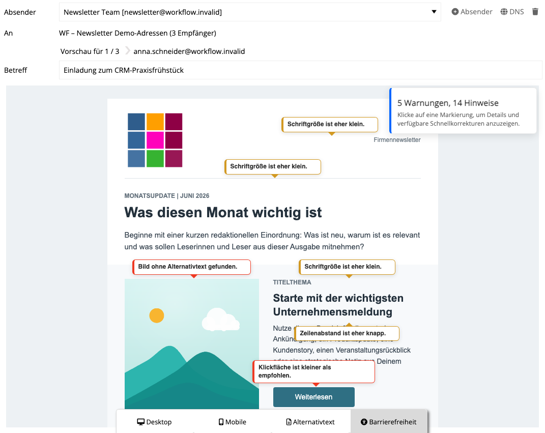 mailfino Qualitätsprüfung mit markierten Hinweisen zu Alternativtext, Schriftgröße, Zeilenabstand und Klickflächen